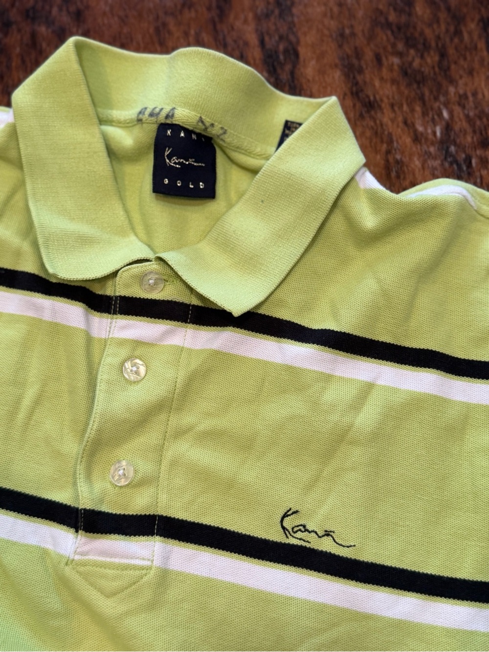 90s Vintage KARL KANI Gold Polo Shirt Mens 3X Green Striped Embroidered Logo Y2K - Picture 3 of 4